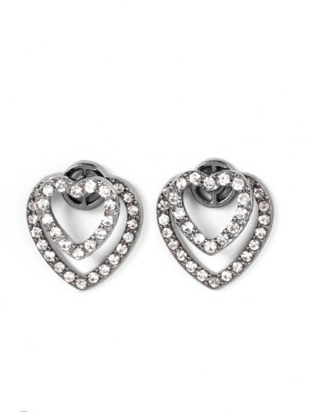 E-17 Crystal Double Heart Stud Earrings - Silver Tone